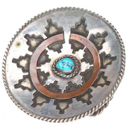 1.75" vintage Navajo basket sterling silver, copper, turquoise belt buckle