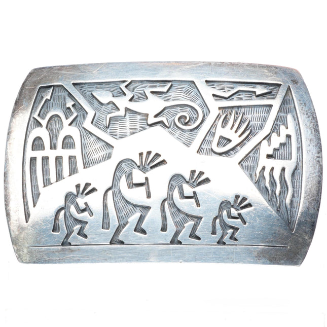 1.25" Gene Pooyouma Hopi overlay Kokopelli sterling silver belt buckle