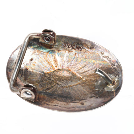 1" Vintage Navajo sterling silver turquoise stamped belt buckle