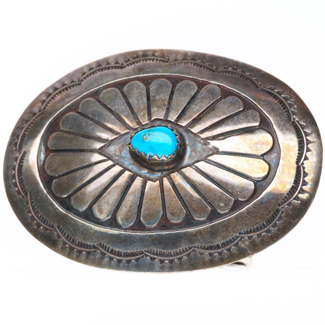 1" Vintage Navajo sterling silver turquoise stamped belt buckle
