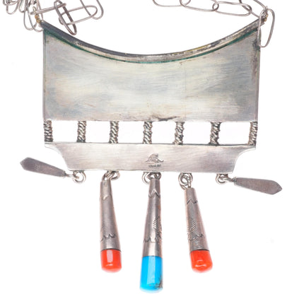 Carl & Irene Clark vintage Navajo sterling silver inlaid pendant necklace