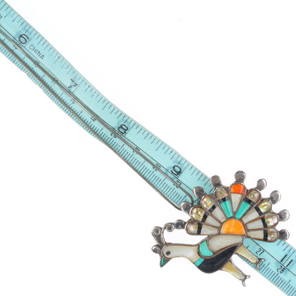 Vintage Zuni sterling silver inlaid peacock pendant/pin with necklace