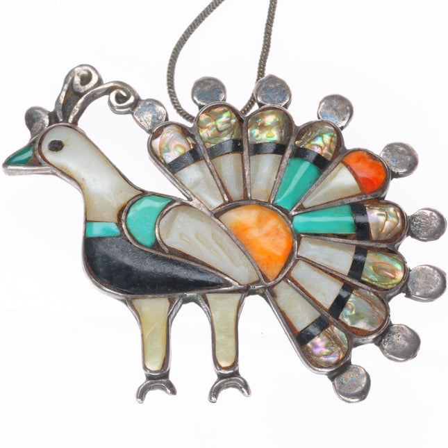 Vintage Zuni sterling silver inlaid peacock pendant/pin with necklace