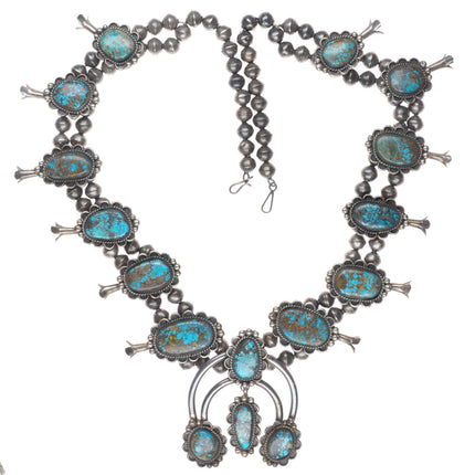 Vintage Navajo sterling silver high grade turquoise squash blossom necklace