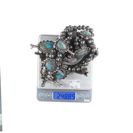 Vintage Navajo sterling silver high grade turquoise squash blossom necklace
