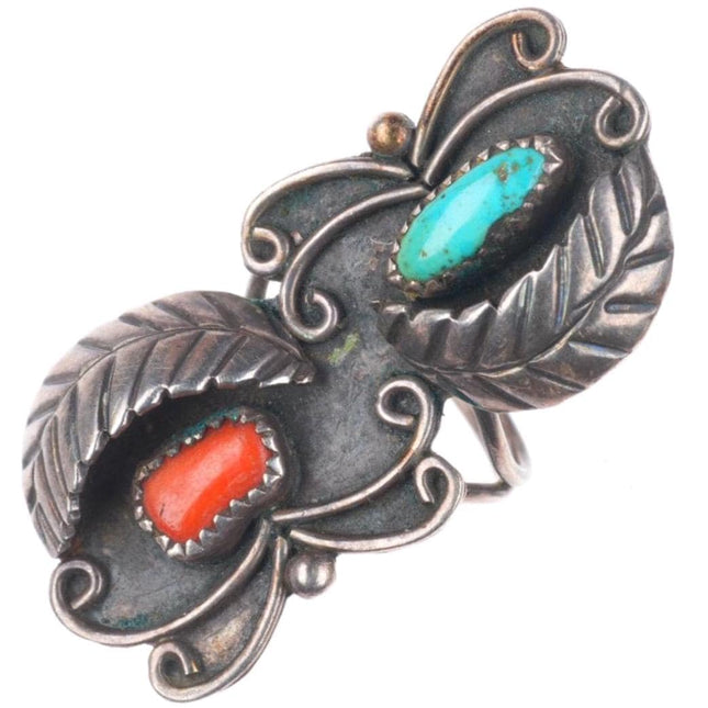sz7.5 Vintage Navajo sterling silver turquoise and coral feather long ring
