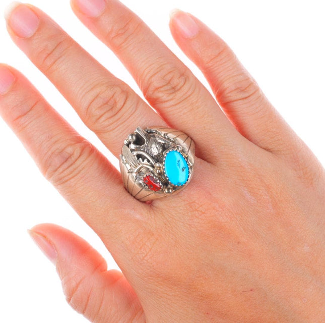 sz14 vintage Navajo sterling silver, turquoise, coral wolf size 14 men's ring