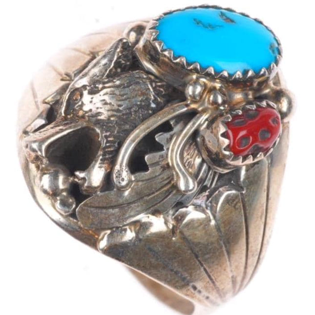 sz14 vintage Navajo sterling silver, turquoise, coral wolf size 14 men's ring