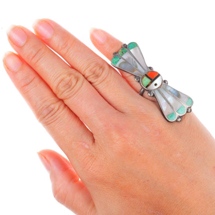 sz3 long vintage Zuni sterling silver turquoise/shell sunface ring