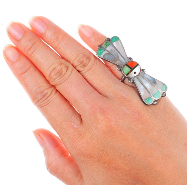 sz3 long vintage Zuni sterling silver turquoise/shell sunface ring