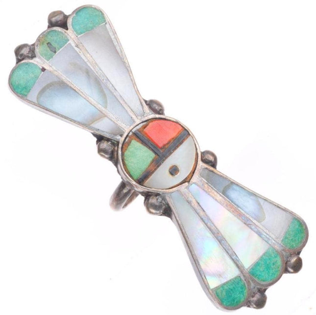 sz3 long vintage Zuni sterling silver turquoise/shell sunface ring