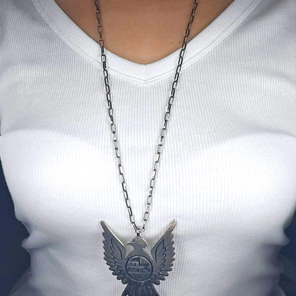 Victor Coochwytewa Hopi Kopavi Shop large sterling silver Eagle pendant necklace