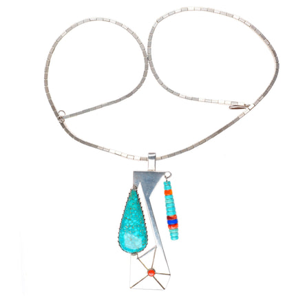 Gilbert Vasquez Apache Birds Eye Kingman, coral-sterling silver pendant necklace