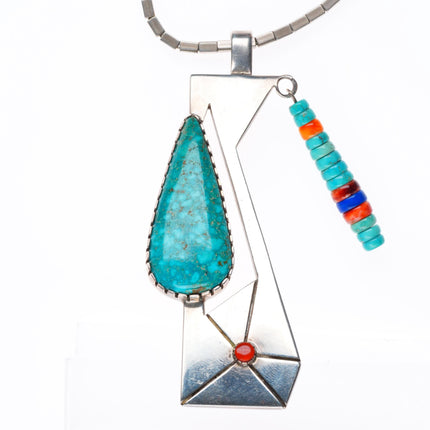 Gilbert Vasquez Apache Birds Eye Kingman, coral-sterling silver pendant necklace