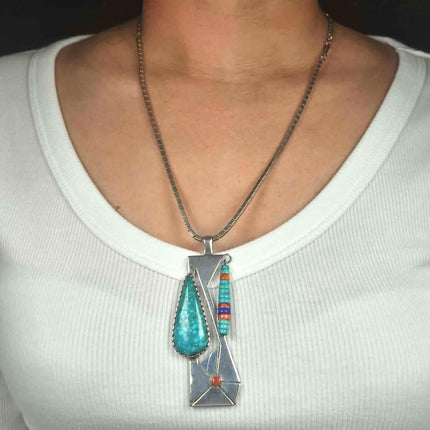 Gilbert Vasquez Apache Birds Eye Kingman, coral-sterling silver pendant necklace
