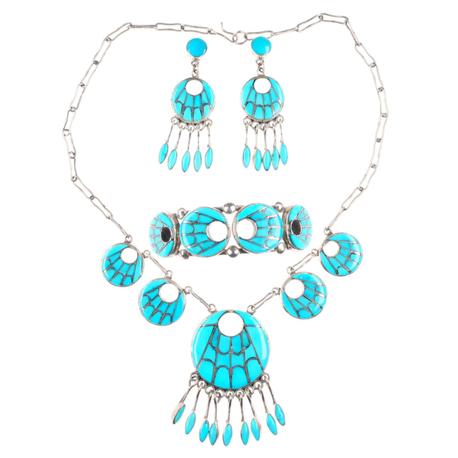Cuff bracelet-earrings-necklace Annie Quam Gasper Zuni turquoise sterling silver