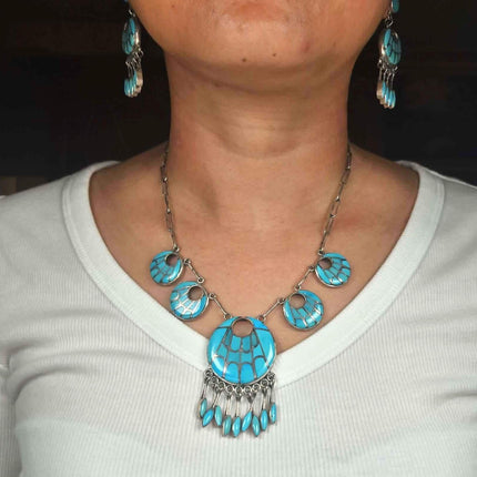 Cuff bracelet-earrings-necklace Annie Quam Gasper Zuni turquoise sterling silver
