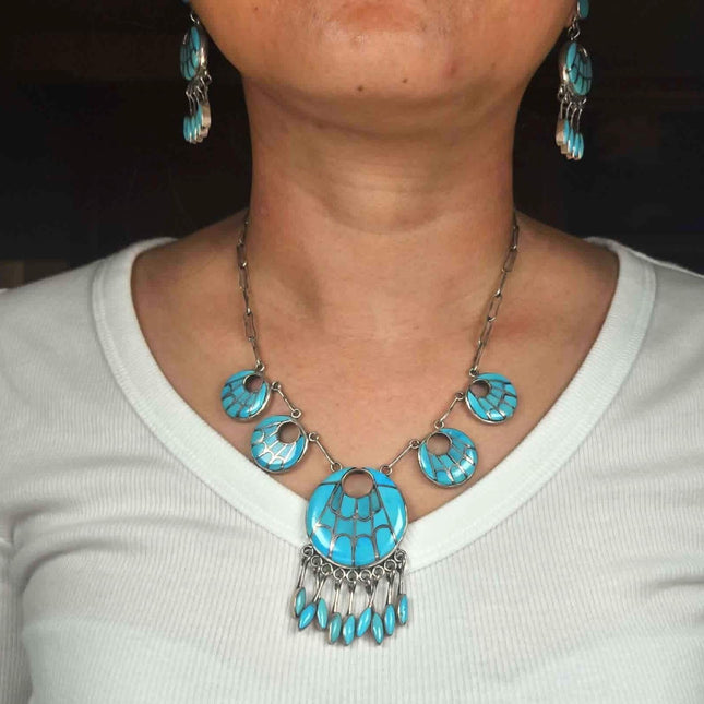 Cuff bracelet-earrings-necklace Annie Quam Gasper Zuni turquoise sterling silver