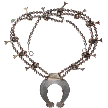 32" c1950's Navajo sterling silver green turquoise squash blossom necklace