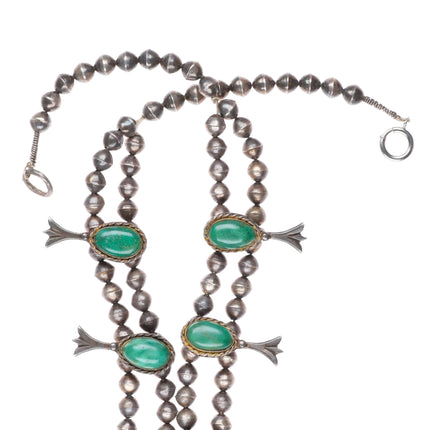 32" c1950's Navajo sterling silver green turquoise squash blossom necklace