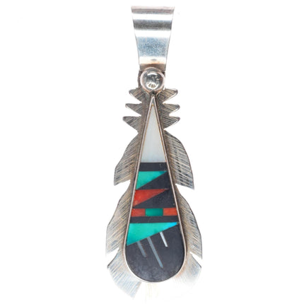 R&L Vacit Zuni sterling silver feather pendant with nice intarsia inlay