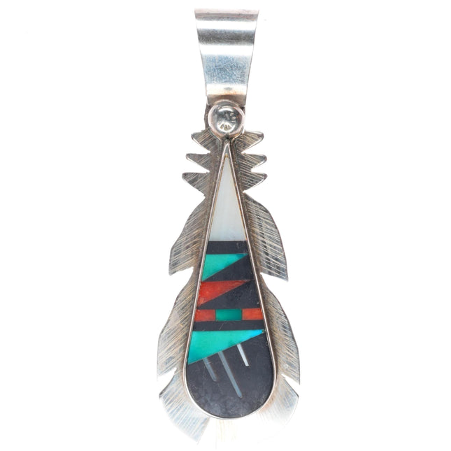 R&L Vacit Zuni sterling silver feather pendant with nice intarsia inlay