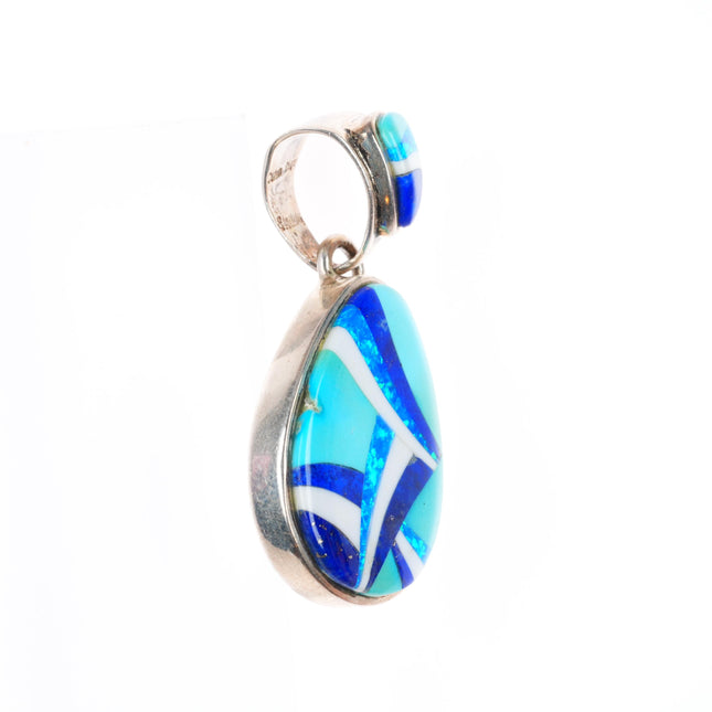 Calvin Begay Navajo sterling silver turquoise, lapis, lab Opal necklace pendant