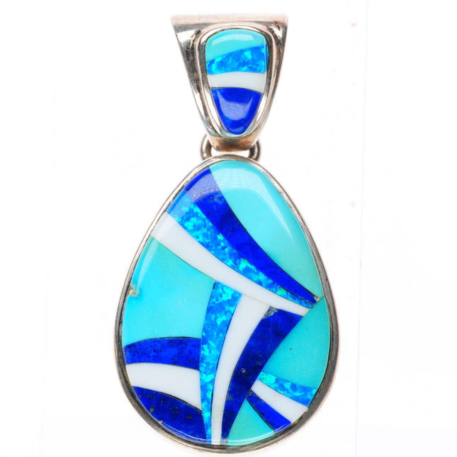 Calvin Begay Navajo sterling silver turquoise, lapis, lab Opal necklace pendant