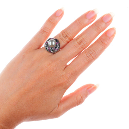 sz5 14k white gold, 10.5mm pearl, black diamond, rubies cocktail ring