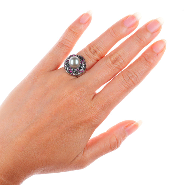 sz5 14k white gold, 10.5mm pearl, black diamond, rubies cocktail ring