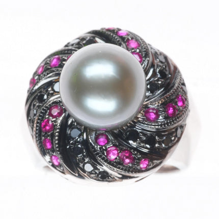 sz5 14k white gold, 10.5mm pearl, black diamond, rubies cocktail ring