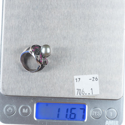 sz5 14k white gold, 10.5mm pearl, black diamond, rubies cocktail ring