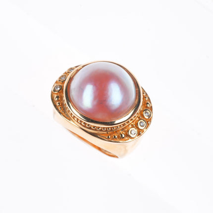 sz5 14k yellow gold pink Mabe pearl and diamond cocktail ring