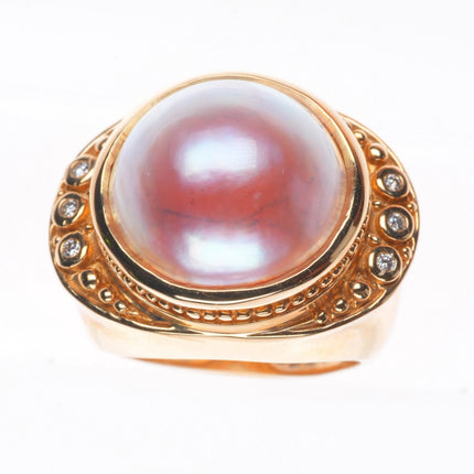 sz5 14k yellow gold pink Mabe pearl and diamond cocktail ring