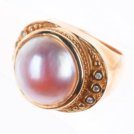 sz5 14k yellow gold pink Mabe pearl and diamond cocktail ring