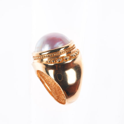 sz5 14k yellow gold pink Mabe pearl and diamond cocktail ring