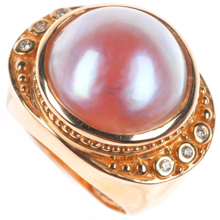 sz5 14k yellow gold pink Mabe pearl and diamond cocktail ring
