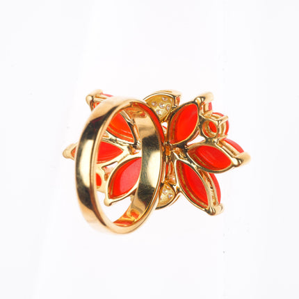 sz8 Danoir 18k yellow gold Diamond, Mediterranean Coral floriform cocktail ring