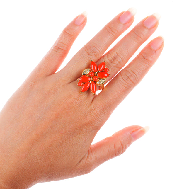 sz8 Danoir 18k yellow gold Diamond, Mediterranean Coral floriform cocktail ring