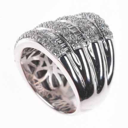 sz6 14k white gold baguette and round cut Diamond wide band ring