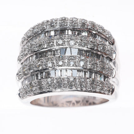 sz6 14k white gold baguette and round cut Diamond wide band ring