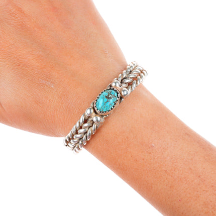 6.5" Vintage Navajo sterling silver braided #8 turquoise cuff bracelet