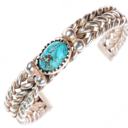 6.5" Vintage Navajo sterling silver braided #8 turquoise cuff bracelet