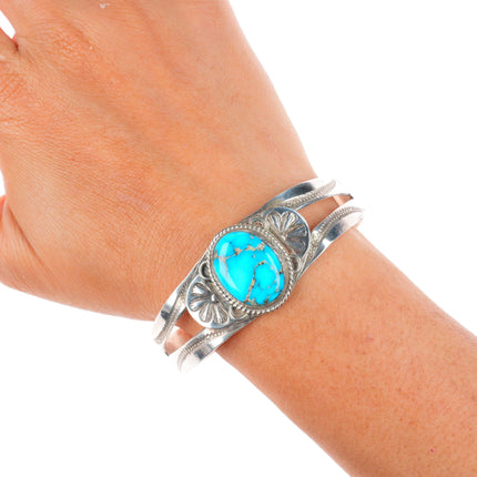 6.75" 30's-40's Navajo stamped sterling silver cuff bracelet with nice turquoise