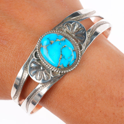 6.75" 30's-40's Navajo stamped sterling silver cuff bracelet with nice turquoise