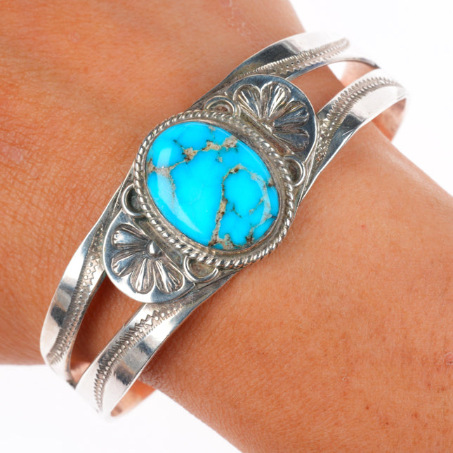 6.75" 30's-40's Navajo stamped sterling silver cuff bracelet with nice turquoise