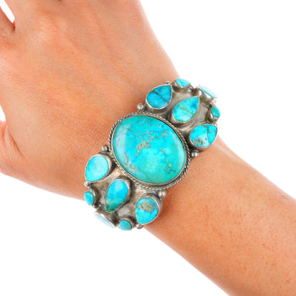 6.5" 30's-40's vintage Navajo sterling silver turquoise cluster cuff bracelet
