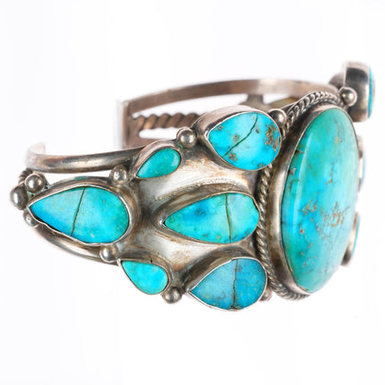 6.5" 30's-40's vintage Navajo sterling silver turquoise cluster cuff bracelet