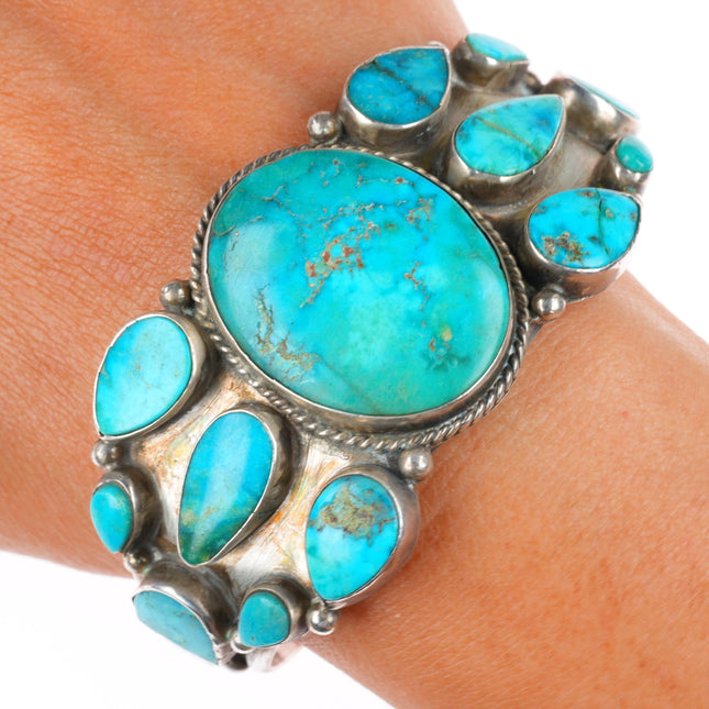 6.5" 30's-40's vintage Navajo sterling silver turquoise cluster cuff bracelet