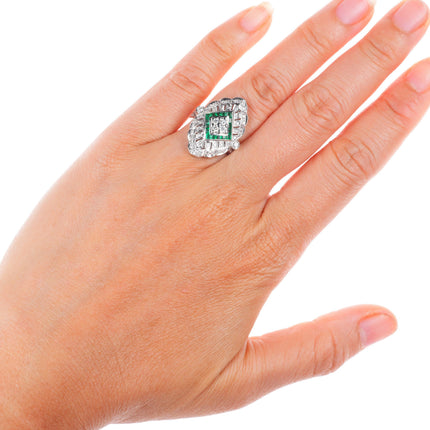 sz5 14k white gold Samuel Behnam Diamond - Emerald art deco style cocktail ring